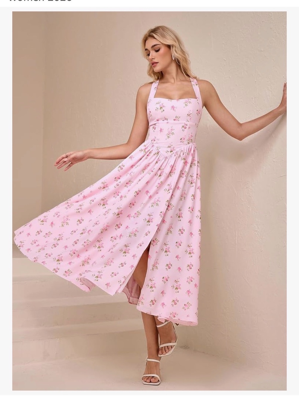 NWT Pink Floral Halter Midi sundress wedding guest Dress with Side Split